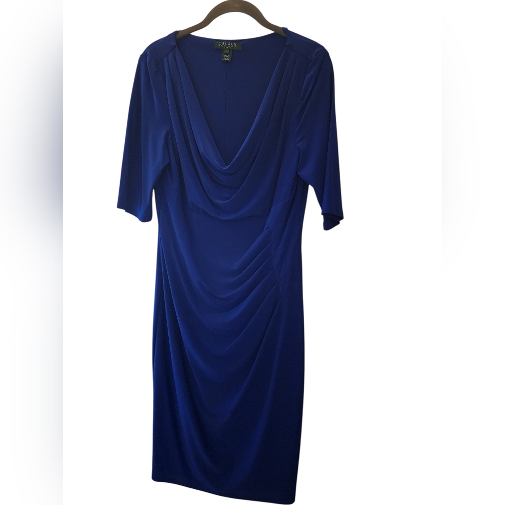 Lauren Ralph NWT Draped Cowl Neck Royal Blue Sheath Dress Pleated Front 12